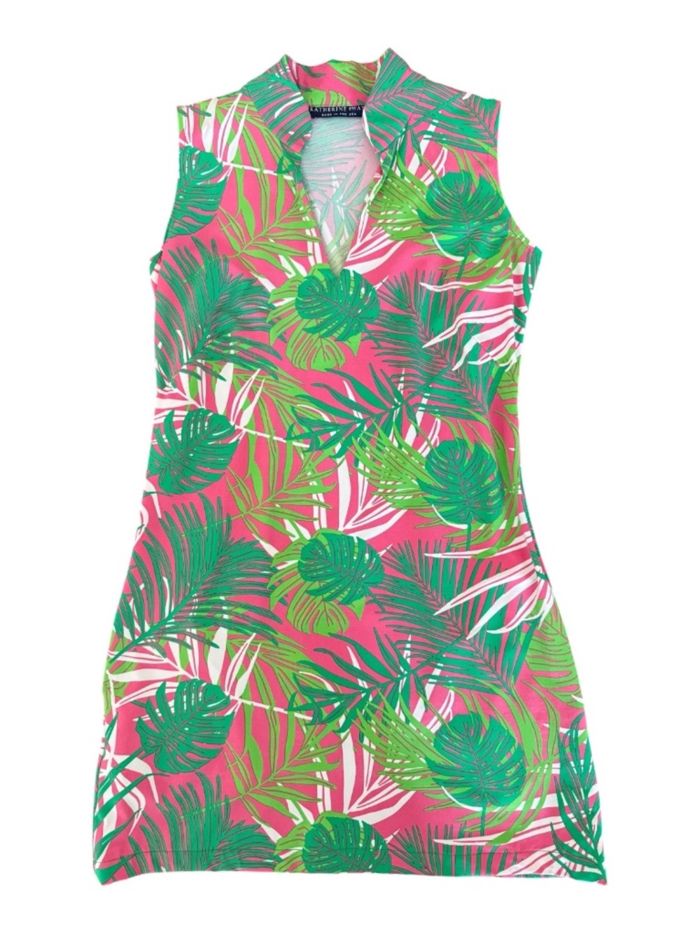 Katherine Way Palm Print Shift Dress Pink Green Sleeveless Golf Resort S